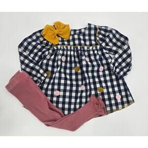Mud Pie Preppy Southern Gingham Dot Dress Set – 12-18M (Includes Bow & Leggings)